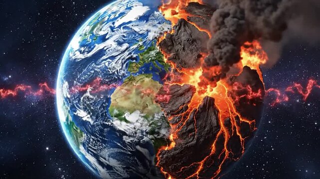 Catastrophic global destruction illustrated as Earth splits open releasing intense lava flows and thick volcanic smoke into space.