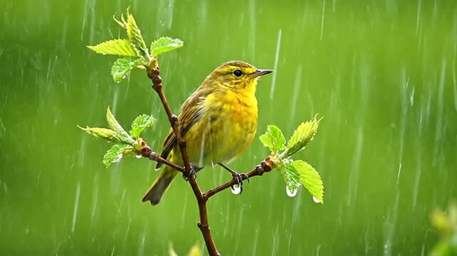 Yellow Bird on Branch in Rain.
