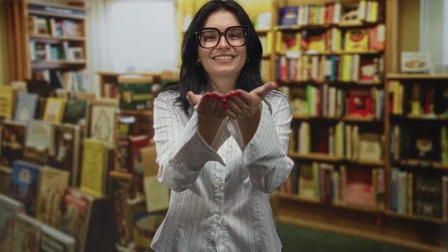 Woman wearing glasses and a white striped shirt blowing a kiss with her hands amid bookstore shelves; connection intimacy closeness affection.