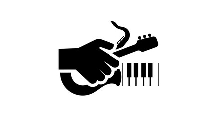 Fototapeta premium Silhouette of Hand Playing Piano Keys with Guitar Headstock on Isolated White Background