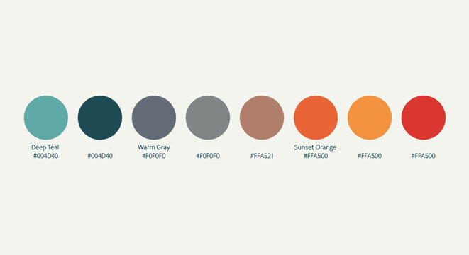 Modern Color Palette with Deep Teal, Warm Gray, and Sunset Orange Swatches Including Hexadecimal Codes in Bright Studio.