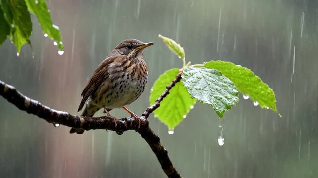 Bird Perched on Branch in Rain.