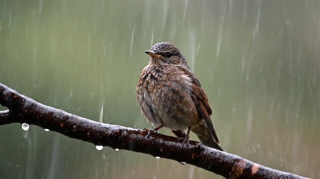 Bird Sitting on Branch in Rain.