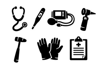 Fototapeta premium Medical Instruments Collection Stethoscope Thermometer Blood Pressure Monitor Gloves And Clipboard