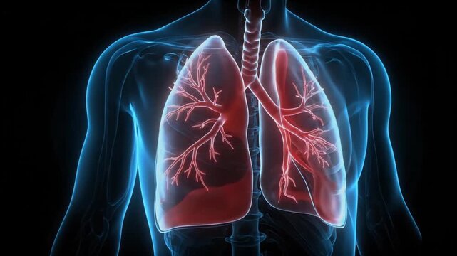 3D rendered human torso with glowing red lungs, trachea and bronchi
