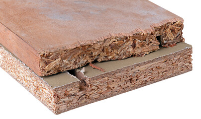 Fototapeta premium Cross-section of old and new chipboard with laminate and veneer. Isolated background.