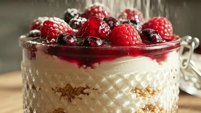 Close up of dessert in glass jar with berries