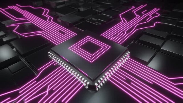Futuristic Microchip with Glowing Purple Circuits and Data Connections on a Dark Background