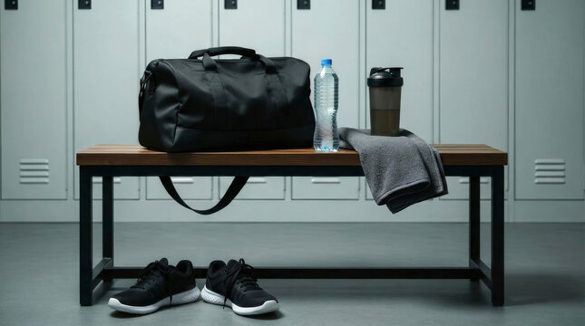 Gym locker room bench with duffel bag, towel, bottles and sneakers