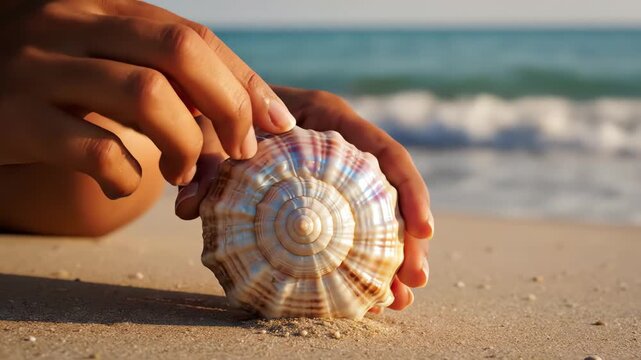 Female hands delicately holding a spiral seashell on a golden sandy beach with ocean waves in background for summer vacation concept