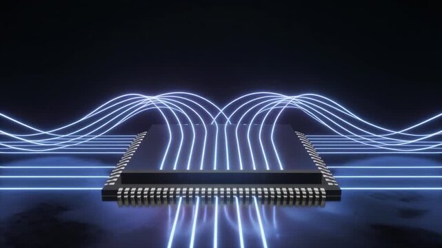 High-tech processor chip with glowing blue data streams connecting to the outside world, symbolizing advanced technology and information flow