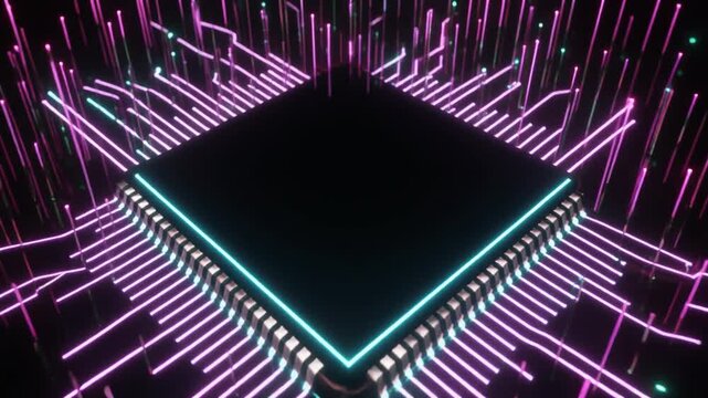 Abstract Neon Circuit Board with Glowing Connections and a Central Black Square
