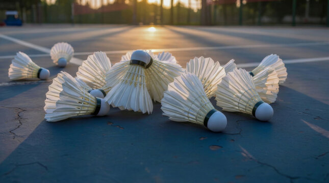 Scattered badminton shuttlecocks on outdoor blue court at sunset