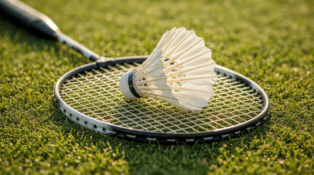 Shuttlecock on badminton racket on grass, outdoor summer sport