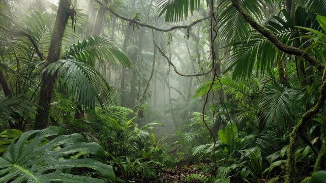 Serene tropical woodland featuring fogcovered foliage and thriving ecological diversity