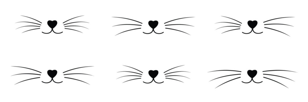 Six Minimalist Black Cat Face Icons with Heart Noses and Whiskers on White symbol animal