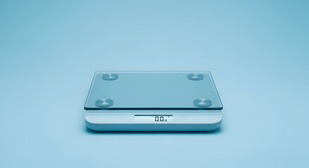 Fototapeta premium Weight scale shows zero grams on a blue background for diet control and healthy eating balance in a modern studio shot