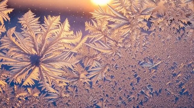 Close up of frost patterns on a window with the sun rising in the background.