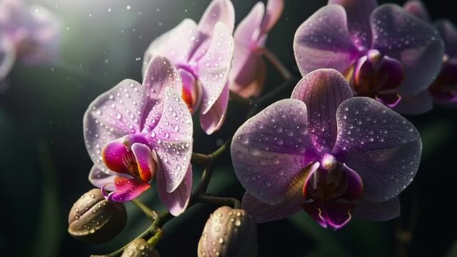 Close-up of beautiful purple orchid flowers with water drops in a lush garden, illuminated by soft sunlight.