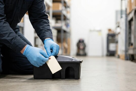 Pest control technician in blue gloves placing a tag on a black bait station in a commercial warehouse.