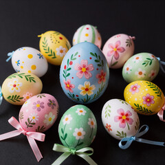 Fototapeta premium manga, easter egg collection with colorful, hand-painted patterns and floral ornaments in a black background concept of spring celebration
