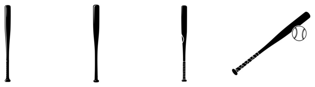 Four silhouettes of baseball bats and a ball, ball, baseball bat, bat, black, golf club, hockey, hockey stick, line, pole, ski pole, stick, swing, against transparent background