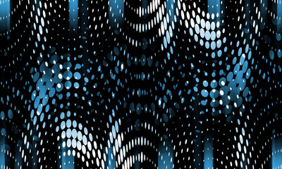 たくさんの歪んだ円のドットが曲線上に重なるデザインの模様の柄で青と白と黒の色でペイントし、きらきらと輝くミラーボールのようなイメージで制作したイラストの背景、壁紙、グラフィックの素材