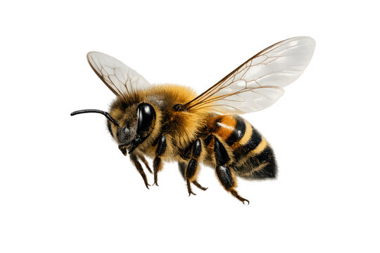 Honey bee in flight with transparent background, showcasing pollination, nature, and insect wildlife