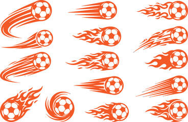 Soccer balls in motion with flames and speed lines  dynamic football symbols in orange fire  © tara