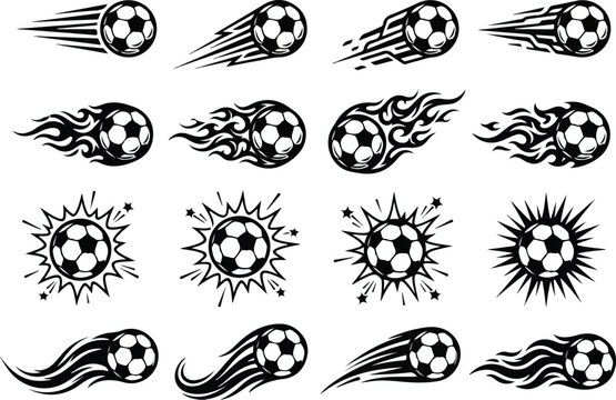 Soccer ball icons with motion and explosion effects  dynamic sports graphics with flames and speed lines  various soccer ball designs