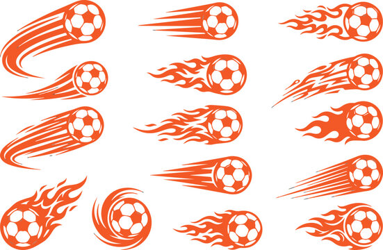Soccer balls in motion with flames and speed lines  dynamic football symbols in orange fire 