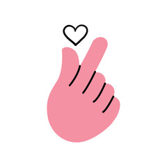 Obraz premium Pink hand making finger heart gesture for love and appreciation. Hand drawn doodle illustration vector design.