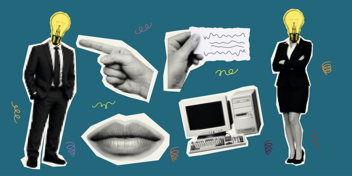 Halftone collage close up of businessman and businesswoman with lightbulb heads pointing hand vintage computer lips torn paper elements editorial pop art composition in teal contrast