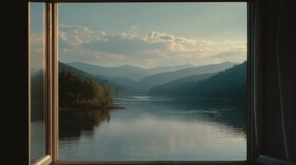 Scenic view of mountains and a lake framed by a window, evoking a sense of tranquility. The tranquil scene is viewed through an open window © Tichakon