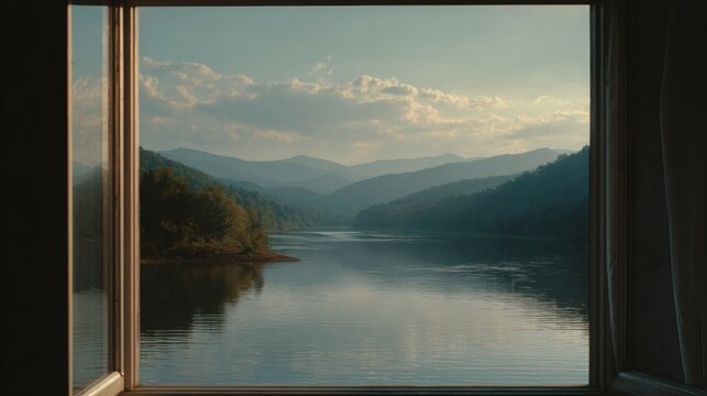 Scenic view of mountains and a lake framed by a window, evoking a sense of tranquility. The tranquil scene is viewed through an open window