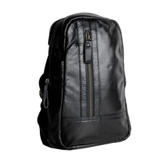 A unique black leather sling bag isolated on a white background, perfect for sporty men. Suitable for catalog design.