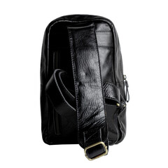 Fototapeta premium A unique black leather sling bag isolated on a white background, perfect for sporty men. Suitable for catalog design.