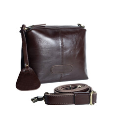 A beautiful dark brown leather sling bag isolated on a white background, perfect for women's style. Suitable for designing leather product catalogs.