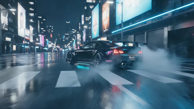 Black tuner car drifting sideways on wet neon city street at night with blue underglow and smoke trail