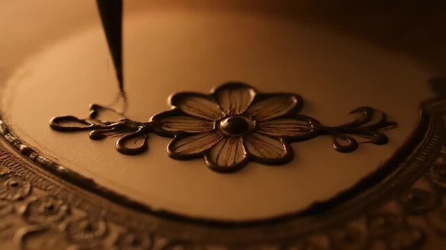 Intricate henna flower design being applied with precision by a cone on a textured surface