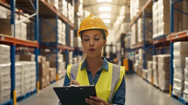 Female warehouse worker speaking to camera while holding a clipboard. Professional logistics manager in a large distribution center. Inventory management and supply chain concept