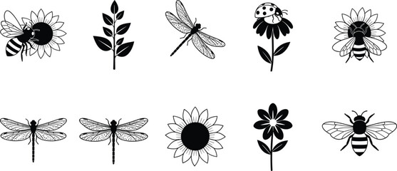 Set of nature and garden vector icons, honeybee dragonfly ladybug and floral blossoms, botanical insect illustrations for environmental and organic design, © Shihab Creative