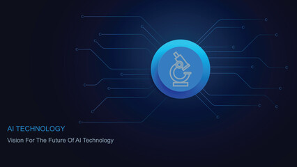 Futuristic Artificial Intelligence for Scientific and Laboratory Research. Glowing Microscope Icon on AI Microchip. Digital Technology Background. Vector Illustration.