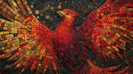 Fototapeta premium A mysterious mosaic phoenix rising from fragmented ruby and amber glass tiles