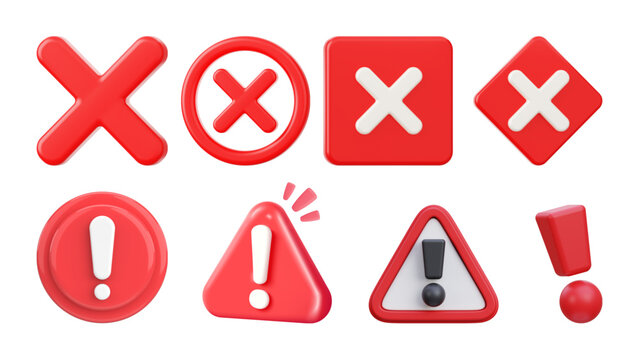 Red 3D Warning and Error Icons Collection Isolated on White Background
