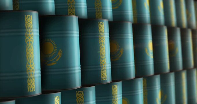 Kazakhstan oil business and fuel extraction barrels in row seamless and loopable concept. Kazakh petrol industrial containers.