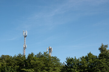 Cellular GSM tower with 3g, 5g transmitter. Communication antenna