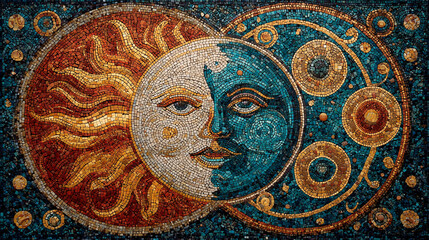 Fototapeta premium A luminous mosaic sun and moon intertwined in a balanced cosmic composition