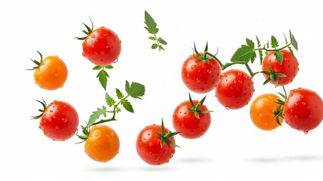 Fresh red and orange cherry tomatoes with green leaves on a white background.