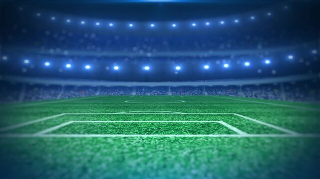 Cinematic Empty Football Stadium Background with Dramatic Lighting and Center Field Logo Placement Area - Professional Sports Intro Scene